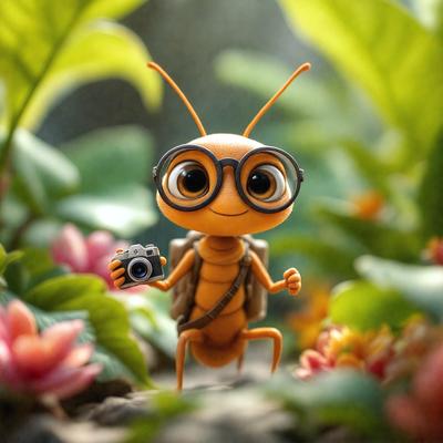 The primary subject of the image is a small, cute, and colorful insect, possibly a grasshopper, holding a camera in its hands. The insect is standing on a rock, surrounded by a lush green forest with plants and flowers. The visual style of the image is a combination of photo and digital art, creating a whimsical and playful atmosphere. The colors and mood of the image are vibrant and cheerful, with the insect's bright colors and the lush greenery of the forest creating a